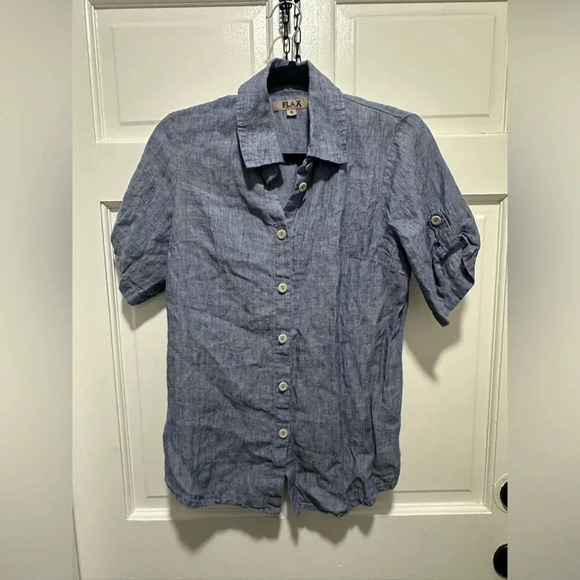 FLAX 100% LINEN BUTTON UP BLUE SHIRT 1/2 Roll Tab Sleeve Size Small Lagenlook - Picture 2 of 4